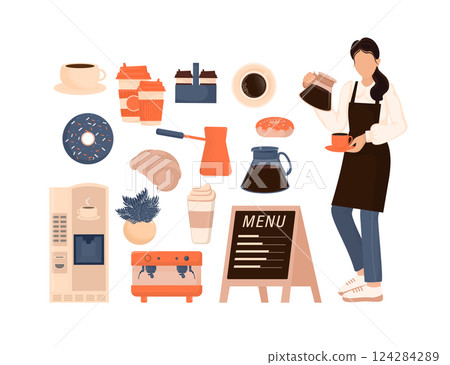 Flat character coffee shop barista. Vector illustration flat design. Vector infographic illustration. Cartoon male barista or waiter standing near menu board. 124284289