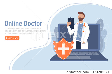 Flat illustration with online doctor. Doctor consultation. Vector illustration flat design. Video chat. Flat illustration with online doctor. Doctor consultation. Vector illustration flat design. Video chat. 124284321