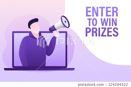 Cartoon character enter to win prizes. Holiday banner. Vector design banner. Win prize. Vector illustration. 124284322