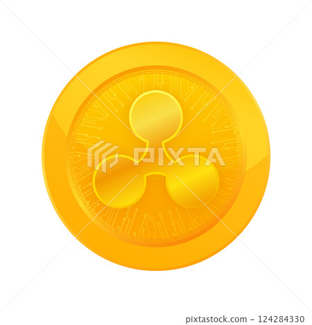 Design template with golden ripple coin on white background. Digital background. Crypto currency, crypto currency coin Design template with golden ripple coin on white background. Digital background. Crypto currency, crypto currency coin 124284330