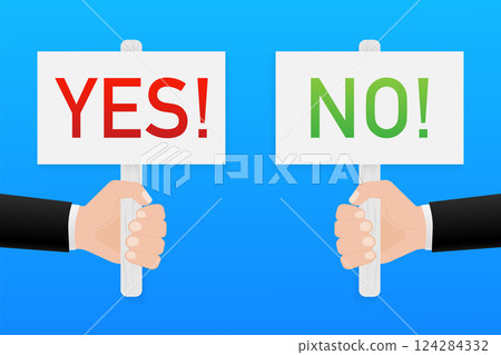 Hand holding placard yes and no. Vector stock illustration. 124284332