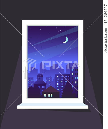 Blind window. City landscape. Evening time. Downtown skyscrapers. Urban building. Midnight scenery. Moon light. Nighttime dusk. Midtown skyline. Apartment room. Vector home windowsill frame 124284337