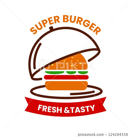 Burger logo. Hamburger logo design in minimal style. Cheeseburger on plate. Emblem or label. Fresh and tasty menu. Restaurant sandwich. Fast food logotype. Vector flat isolated illustration Burger logo. Hamburger logo design in minimal style. Cheeseburger on plate. Emblem or label. Fresh and tasty menu. Restaurant sandwich. Fast food logotype. Vector flat isolated illustration 124284338