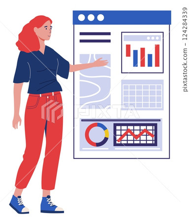Business infographic. Project diagram. Office presentation. Corporate management strategy. Creative woman showing at browser frame. Investment income analysis chart. Vector concept 124284339