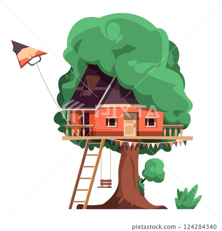 Tree house. Children outdoors playground, green leaves and home, roof and windows, wooden ladders. nature park, kids summer cottage. Vector cartoon flat style isolated architecture illustration 124284340