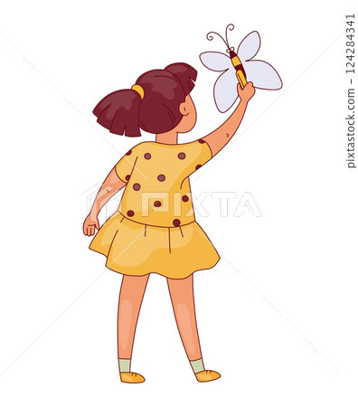 Happy kids. Cartoon girl playing with toy. Childish playground entertainment. Little character catching butterfly. Kindergarten leisure. Young person with doll. Vector childhood concept 124284341