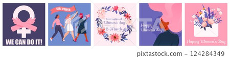 Woman day. Flower spring pattern, feminism postcard with wreath and flower bouquet. Female floral invitation. Square card design. Feminism support, girl power. Vector cartoon flat illustration Woman day. Flower spring pattern, feminism postcard with wreath and flower bouquet. Female floral invitation. Square card design. Feminism support, girl power. Vector cartoon flat illustration 124284349