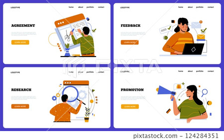 Business web page template. Creative employee agreement document, feedback customers, research and promotion, busy men and women. Minimalist design Vector cartoon flat isolated illustration 124284351