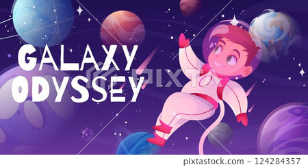 Space kid. Cute planet astronaut adventure on rocket, child moon and star universe. Earth world, sun and spaceship science. Horizontal background. Futuristic banner. Vector cartoon design 124284357