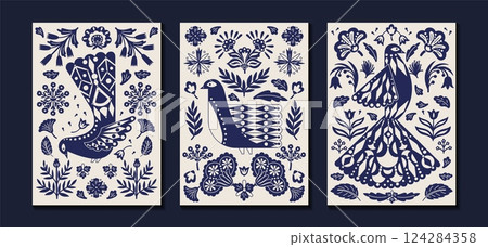 Folk birds. Blue ornament, animal and plant silhouettes in floral vintage abstract boho style. Folklore graphic natural traditional scandinavian print. Vector poster with botanical elements Folk birds. Blue ornament, animal and plant silhouettes in floral vintage abstract boho style. Folklore graphic natural traditional scandinavian print. Vector poster with botanical elements 124284358