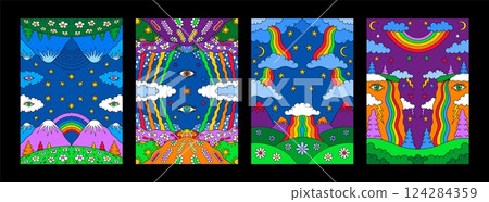 Psychedelic landscape. Retro rainbow. Sky sun and clouds. ISD crazy poster. Seventies vintage graphic art. Meadow flowers. Hippie hallucinogen. Mountain rocks. Vector surreal banners set Psychedelic landscape. Retro rainbow. Sky sun and clouds. ISD crazy poster. Seventies vintage graphic art. Meadow flowers. Hippie hallucinogen. Mountain rocks. Vector surreal banners set 124284359