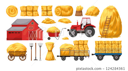 Hay bale. Straw, tractor and haystack farm, trolley with dry grass, countryside elements. Square fodder stack for agriculture. Golden wheat pile, livestock feed. Vector cartoon flat illustration 124284361