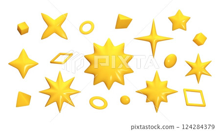 3d star icons. Party shine render, festive yellow or gold plastic stardust confetti, bright or light style. Holiday ornament. Different geometric figures. Glossy isolated vector objects set 3d star icons. Party shine render, festive yellow or gold plastic stardust confetti, bright or light style. Holiday ornament. Different geometric figures. Glossy isolated vector objects set 124284379