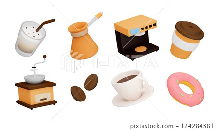 3d coffee. Cafe drink, food realistic characters as latte cup, Turk and machine for prepare beverage. Takeaway glass, breakfast donut. Espresso, cappuccino icons. Vector isolated render 124284381
