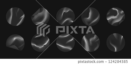 Transparent stickers. Circle plastic round mockup. Glass label effect. 3D adhesive clear glossy tags. Geometric shapes. Folded and crumpled. Wrinkled surface. Vector peel patches set Transparent stickers. Circle plastic round mockup. Glass label effect. 3D adhesive clear glossy tags. Geometric shapes. Folded and crumpled. Wrinkled surface. Vector peel patches set 124284385