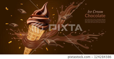 Chocolate ice cream. Choco icecream poster, 3d splash on cone package for frozen dessert. Realistic ad of delicious sundae. Summer sweet food. Vector cocoa milk product advertising banner 124284386