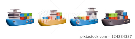 3D ship. Sea cargo. Logistic transport. Freight delivery. International import. Ocean shipment warehouse. Commercial goods export. Containers transportation. Vector render marine boats set 124284387