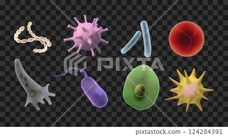 3D virus cell. Cancer microbe. Bacterium germ. Science infection. Medical disease organism. Animal flu. Microscopic bacteria. Pandemic pathogen. Macro bacillus. Vector microorganisms set 124284391
