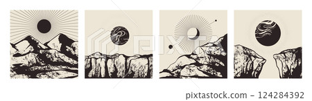 Desert texture. Abstract hipster mountain graphic. Vintage California landscape with grunge black American sky. Monochrome scenery cards. Sun and rocks. Vector silhouette panoramas set Desert texture. Abstract hipster mountain graphic. Vintage California landscape with grunge black American sky. Monochrome scenery cards. Sun and rocks. Vector silhouette panoramas set 124284392
