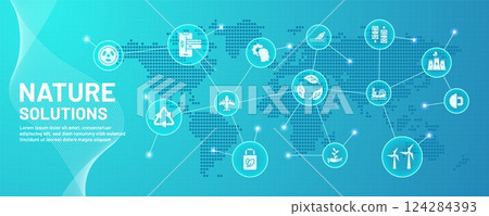 Green energy. Environmental businesses concept. Eco agriculture world. Global map. Climate change. Environment conservation. Sustainable production. Economic connection. Vector background 124284393