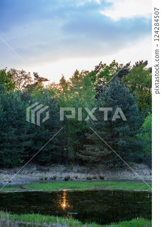 A Serene Sunset Reflection Over a Tranquil Pond, Beautifully Surrounded by Lush Trees 124284507