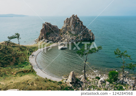 Summer natural landscape, Shamanka rock, Burkhan cape, Olkhon Island, Baikal lake. 124284568