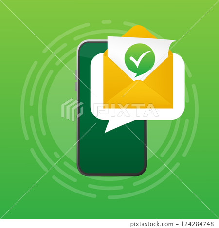 Modern illustration with approved letter smartphone. Web design, mobile app. Concept flat vector illustration. Check mark icon vector design. 124284748