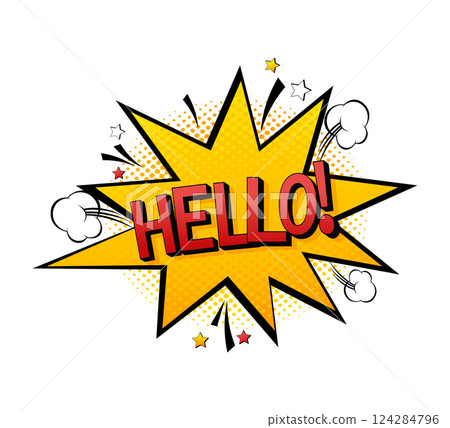 Beautiful pop art red font on colorful backdrop. Call icon vector. Pop art style. Hello banner vector illustration 124284796