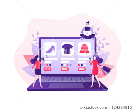 Flat online shopping people laptop for mobile app design. Flat design. Online delivery phone concept. 124284810