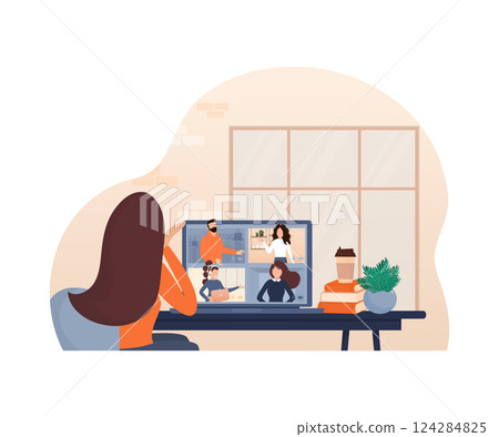 Flat illustration. Video conference. Video call between friends, chatting online by mobile app. Stay at home, work, communication remotely. Vector illustration. Flat illustration. Video conference. Video call between friends, chatting online by mobile app. Stay at home, work, communication remotely. Vector illustration. 124284825