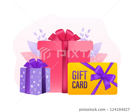 3d advertising with gift voucher presents people for concept design. Sale, discount, special offer concept. Modern gift voucher presents people, great design for any purposes. Vector illustration. 124284827
