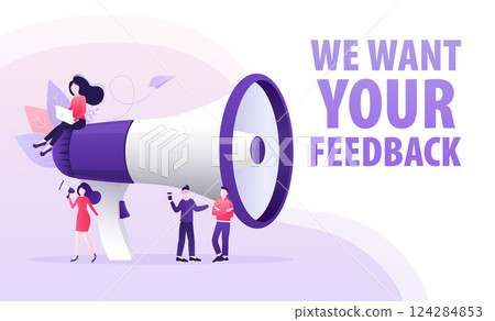 Template with we want your feedback people with megaphone on background for flyer design. Vector illustration in flat style. 124284853
