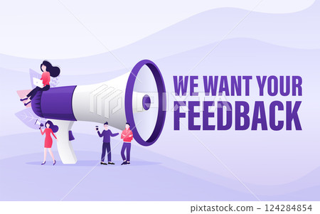 Template with we want your feedback people with megaphone on background for flyer design. Vector illustration in flat style. 124284854