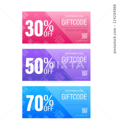 Different Modern birthday card with red giftcode for banner design. giftcode in modern style. Christmas banner. Vector design. Special offer sale template. Coupon ticket card. 124284866
