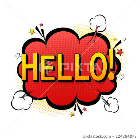 Beautiful pop art red font on colorful backdrop. Call icon vector. Pop art style. Hello banner vector illustration Beautiful pop art red font on colorful backdrop. Call icon vector. Pop art style. Hello banner vector illustration 124284872