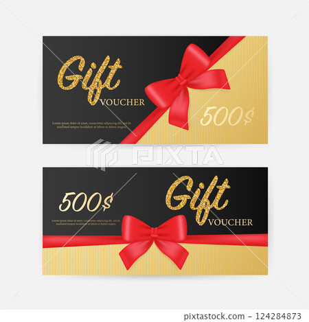 Greeting card. Vintage Coupon ticket card. ribbon banner with golden gift voucher on gold background for concept design. Vector design template. Gift voucher. Greeting card. Vintage Coupon ticket card. ribbon banner with golden gift voucher on gold background for concept design. Vector design template. Gift voucher. 124284873
