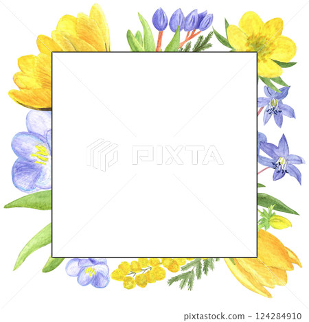 Watercolor spring first flowers, hand-drawn illustration, square frame of flowers Watercolor spring first flowers, hand-drawn illustration, square frame of flowers 124284910