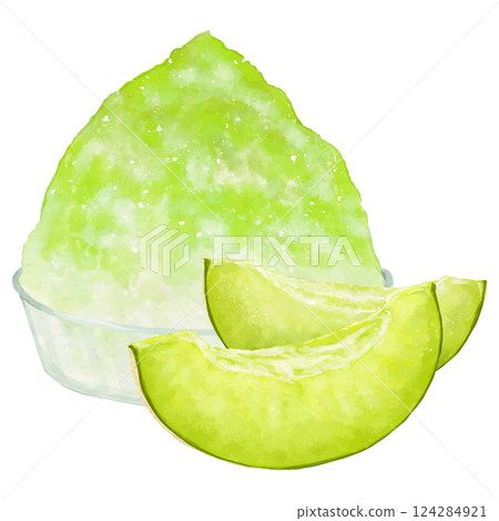 綠瓜刨冰和兩片切好的瓜的逼真插圖 綠瓜刨冰和兩片切好的瓜的逼真插圖 124284921