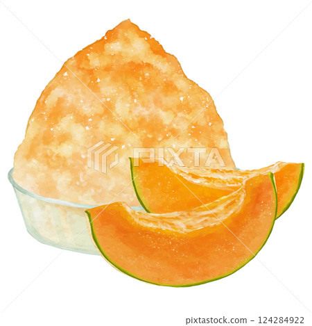 Realistic illustration of red flesh melon shaved ice and two slices of cut melon 124284922
