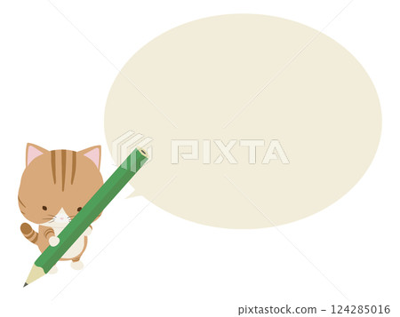 A brown tabby cat with a pencil. With a speech bubble A brown tabby cat with a pencil. With a speech bubble 124285016