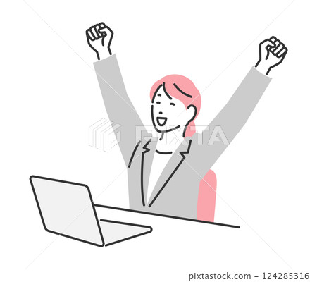 Illustration of a businesswoman cheering in front of a computer Illustration of a businesswoman cheering in front of a computer 124285316