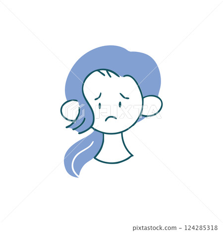 A woman with a troubled face and her hair tied up in a ponytail Simple hand-drawn single illustration 124285318