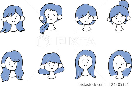 Women with various hairstyles and troubled faces Simple hand-drawn single illustrations Women with various hairstyles and troubled faces Simple hand-drawn single illustrations 124285325