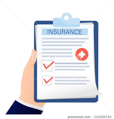 Business card with medical insurance men hand for medical design. Business card. Vector flat illustration. 124285510
