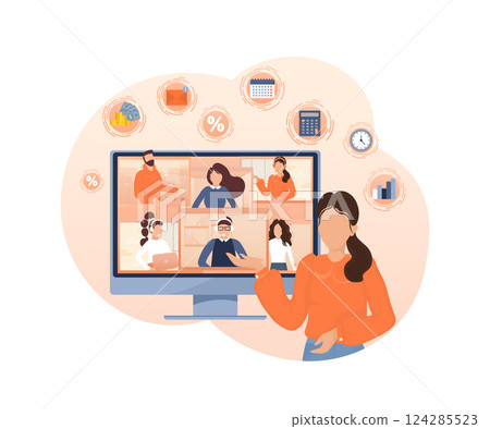 Flat illustration. Video conference. Video call between friends, chatting online by mobile app. Stay at home, work, communication remotely. Vector illustration. 124285523