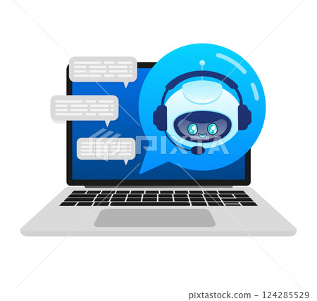 Support bot. Ai assistant. Flat icon with blue support bot on white background 124285529