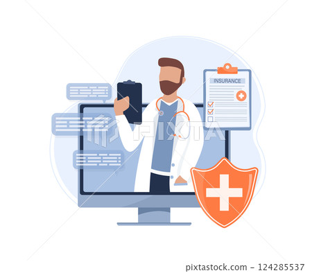 Flat illustration with online doctor. Doctor consultation. Vector illustration flat design. Video chat. 124285537