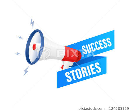 Success stories. Badge with megaphone icon. Flat vector illustration on white background. 124285539