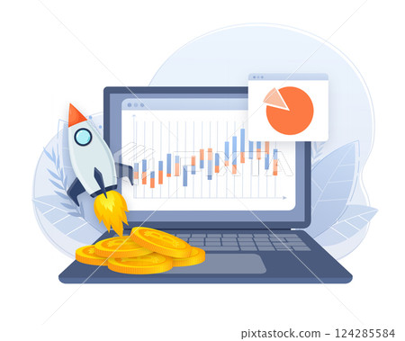 Initial coin offering, ICO Token production process vector illustration. Cryptocurrency trading desk, bitcoin futures, financial technology, blockchain ICO abstract metaphor 124285584