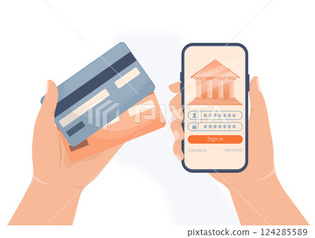 Line banking people for account page design. Isometric vector illustration. Bank online. Vector illustration. Line banking people for account page design. Isometric vector illustration. Bank online. Vector illustration. 124285589